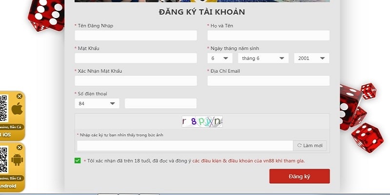 Giao diện đăng ký của nhà cái VN88 trên máy tính bạn cần điền đầy đủ thông tin
